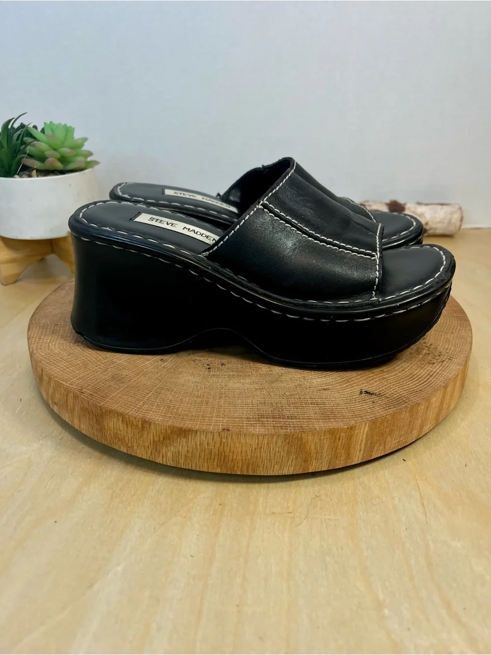 Steve Madden Vintage Ignite Platform Wedge Slides - Black Leather - Size 6.5B - Picture 8 of 16